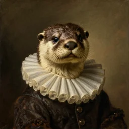 dutch golden age oil painting portrait of an otter wearing a ruff collar, warm lighting, chiaroscuro