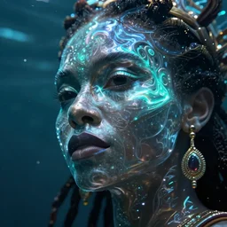 hyperrealistic precisionist cinematic bioluminescent very expressive! oshun goddess with translucent body underwater, highly detailed face, digital art masterpiece, smooth eric zener cam de leon, dramatic pearlescent turquoise light on one side, low angle uhd 8 k, shallow depth of field