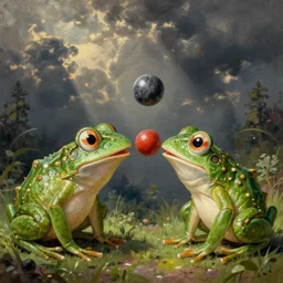 zuma frog shooting balls from its mouth, surrealist painting