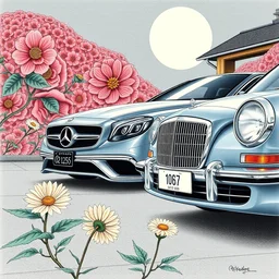 a mercedes - benz and a chrysanthemum. shin hanga and kawanabe kyosai and cory loftis and rossdraws and wlop and jung gi kim rule of thirds