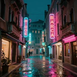 cyberpunk Venice street,  35mm lens, beautiful panoramic imagery, vibrantly lush neon lighting, beautiful volumetric-lighting-style atmosphere, a futuristic atmosphere, intricate, ultra detailed, photorealistic imagery, trending on artstation, 4k, 8k