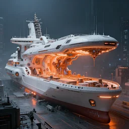 futuristic cargo ship station, exterior, white glow, orange glow, ussr machinery, scifi, machines, artificial intelligence, ultra realistic, highly detailed, futuristic landscape, industrial, city, atmosphere, highlighted, cinematic, blade runner mood, art by jan urschel and neil blevins