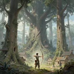 a young archer who lives in a village built in giant tall trees, diffuse lighting, fantasy, intricate, elegant, highly detailed, lifelike, photorealistic, digital painting, artstation, illustration, concept art, smooth, sharp focus, art by john collier and albert aublet and krenz cushart and artem demura and alphonse mucha
