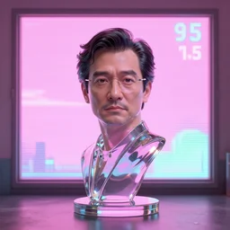 a 3 d render of a glass sculpture of tommy wiseau set to the windows 9 5 background, vaporwave, pink background, hazy, dreamy, rendered in unreal engine