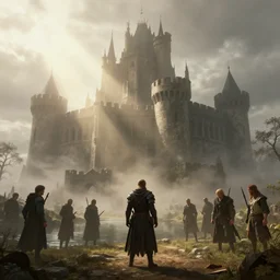 medieval castle, mist, sunrays, dust in the air, dnd character, unreal engine, octane render, dramatic lighting, pond, digital art, by stanley artgerm lau, greg rutkowski, thomas kindkade, alphonse mucha, loish, norman rockwell,