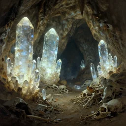a cave with huge glowing crystals in the walls and piles of bones on the floor, art by greg rutkowski and donato giancola