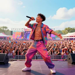 rapping on stage at festival, holding microphone, giant crowd, epic pose, happy, psychedelic, hip hop, neon, vaporwave, illustrated by Alex Grey, 4k