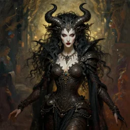 an concept art of the demon queen, beautiful hair, intricate details, detailed face, detailed clothes, artstation, epic pose, epic background, ambient light, by max ernst and renoir