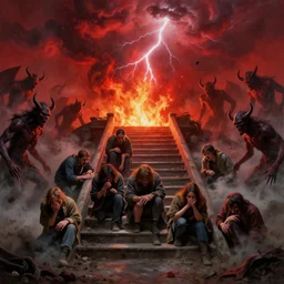 people cowering in fear as they line up at the stairway into hell, flames, red sky, lightning, surrounded by demons, dark clouds, pain, ash, matte painting by thomas kinkade, greg rutkowski
