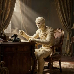 An extremely detailed render of a mummy in very old clothes, sitting at his Louis XIV desk, with very old curtains in the room, very old room. The very very very old man has a 1880 phone on his desk. Dust in the air, god rays, raytracing shadows, ambient occlusion, 8K, RTX 3090, trending on artstation, lumens