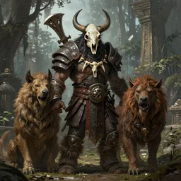 portrait of an uruk hai - gul'dan - hybrid, savage orc warrior wearing ancient barbarian orc armor, mask made from animal skull and necklace made from human bones, big beast pet sitting next to him, forest temple in the background, hyperrealistic, ultra detailed, digital painting, fantasy illustration concept trending pixiv fanbox by wlop and greg rutkowski and caravaggio and rosa
