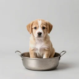 puppy sitting in a small metal saucepan, photography, minimalistic, 8 k
