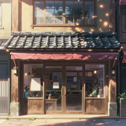 front view of a japanese storefront in the beautiful anime film by makoto shinkai and studio ghibli, edge specular, pretty rim highlights