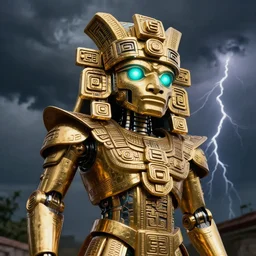 Fully operational plated gold Mayan themed cyborg robot shimmering in the light of a thunderstorm. It's eyes glowing a bright teal. Photorealistic. Intricate details.