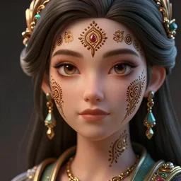 a stunning ultra detailed fantasy fine art portrait photo of a girl, 3 d model, by tom bagshaw, artgerm and natalie shau, henna tattoos on the face, paisley designs, 2 4 mm lens, unreal engine, deep depth of field, perfect eyes and face, soft lighting, artstation, 8 k
