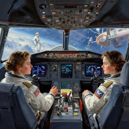 a scene of female pilots in the cockpit of a spaceship, digital painting, 4k wallpaper, intricate detail, brush strokes, masterpiece, by Ilya Kuvshinov, by Rembrandt, by Thomas Kinkade, by Moebius, By Tite Kubo, by Kentaro Miura, beautiful, gorgeous, hyperspace