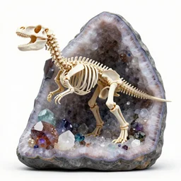 dinosaur skeleton inside a geode of multi-colored crystals