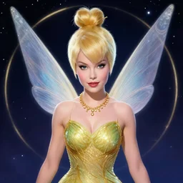 kiernan shipka as tinkerbell, a beautiful art nouveau portrait by Gil elvgren, moonlit starry sky environment, centered composition, defined features, golden ratio, gold jewlery