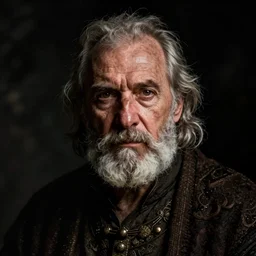 portrait of an old, melancholic medieval alchemist in the dark, he is looking into the camera spitefully. chiaroscuro lighting, fantasy, detailed, photorealistic portrait by michael komarck, greg rutkowski, victo ngai, artgerm and j. dickenson