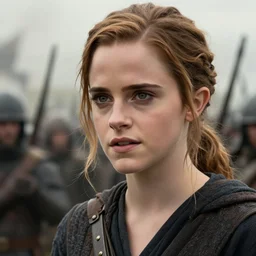 close up cinematic artwork of Emma watson staring down the enemy on the battlefield by Greg Rutkowski, 4k, masterpiece