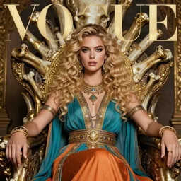 girl on bones throne, persian empire costume, blonde, curly hair, clean face, provocative make up, symmetrical face, smooth skin, jewelry,, ecstasy, cute, fashion editorial photography, hyperrealistic, from vogue magazine, ultra realistic, artgerm, reflections, gold intricate, 5 0 mm lens, icm, teal and orange