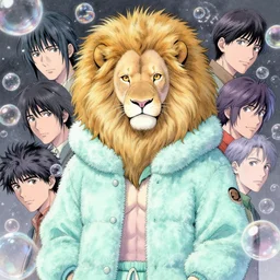 aesthetic portrait commission of a albino male furry anthro lion surrounded by glistening floating bubbles while wearing a cute mint colored cozy soft pastel winter outfit, winter Atmosphere. Character design by charlie bowater, ross tran, artgerm, and makoto shinkai, detailed, inked, western comic book art, 2021 award winning painting