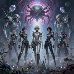 muted vaporwave ombre digital matte painting, beautiful sinister lovecraftian female skullpunk spirits warriors wearing cool euro shades, enchanted intergalactic mecha garden, man - machine iridescent chimeric beholder polyphemous, power crystals trigger powerful psychotropic frequencies. singularity. by artgerm, wlop, james jean, andrei riabovitchev, marc simonetti, yoshitaka amano, artstation, cgsociety