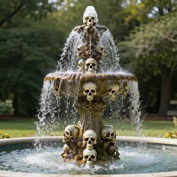 a tall decorative fountain with water made out of skulls, realistic, highly detailed,