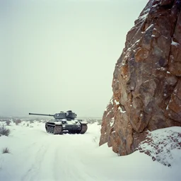 photo of shiprock, new mexico during a snowstorm. a mark iv tank is in the distance, looking back over his shoulder. cold color temperature, snow storm. hazy atmosphere. humidity haze. kodak ektachrome, greenish expired film, award winning, low contrast,