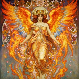 a beautifull intricate painting of a beautifull angel with fire wings surrounded by flowing flower petals, ornamental gold headpiece, vivid colors, artstation, by jeremy mann, by alphonse mucha, by boris vallejo