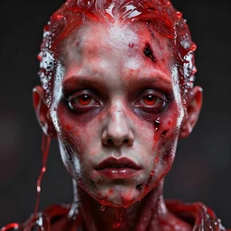 red shiny translucent translucent gel covers the face and head of a zombie girl. portrait, cinematic, high details, masterpiece, cgsociety, octane render, 8 k, photorealism, hyperrealism, perfect face, beautiful lighting, symmetrical, tim hildebrandt, wayne barlowe, bruce pennington, donato giancola, larry elmore