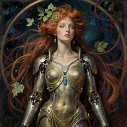 realistic detailed portrait of a fully clothed adult cyberpunk! goddess by Alphonse Mucha,  Charlie Bowater, Art Nouveau cyberpunk! style, mechanical accents!, flowing wires with leaves, rich deep moody colors