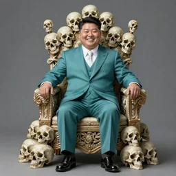 a detailed caricature of kim jong laughin on a throne made by human skulls, realistic, detailed, full body, teal suit, intricate, elegant, highly detailed, artstation, sharp focus, illustration, art by Artgerm, Makoto Shinkai, Ilya Kuvshinov, Lois Van Baarle, and Rossdraws