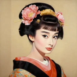 painting of audrey hepburn as maiko with big flower hair decoration in ukiyo - e art, half body, 4 k, ultra detailed, photo realistic