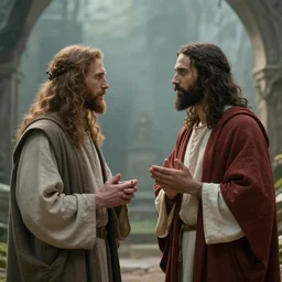 Jesus and God talking about humans, epic, fantasy