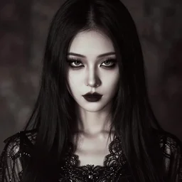 portrait of gorgeous japanese goth girl, beautiful face, strong line, muted colors, filigreed clothing, moody lighting, high contrast, by john anster fitzgerald, by junji ito