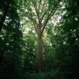 inside a large, dense, forest with light streaming through the gaps in the leaves above. One especially large tree is in the middle, with space around it to distinguish it from the other smaller trees around.