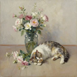 a cat and a fallen vase of flowers, oil on canvas,