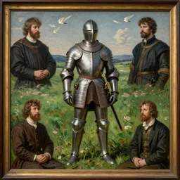 a medieval knight standing in a green field intricate painting by john william waterhouse and Edwin Longsden Long and Theodore Ralli and William-Adolphe Bouguereau, very coherent symmetrical artwork. Cinematic, hyper realism, high detail 8k