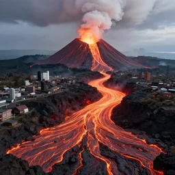 volcanic city, lava, buildings, lava river, hot, atmosphere, global illumination, vapor