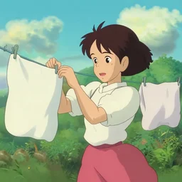a wholesome animation key shot of a lady hanging out washing on a line, studio ghibli, pixar and disney animation, sharp, disney concept art watercolor illustration by mandy jurgens and alphonse mucha and alena aenami, pastel color palette, dramatic lighting