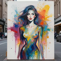 portrait in the city, beautiful female shape, face symmetry, nice pose, rule of thirds, eye symmetry, colourful spray paint splatters, expressive, abstract art, by greg rutkowski, by jeremy mann, by francoise nielly, 4 k, 8 k, correct body proportion, cinematic style, female shape