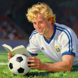 a blonde man studying a soccer game. happy, colorful Epic portrait by james gurney and mœbius.