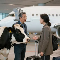 perfect portrait of a good genetic blend of dairy cow and human at the airport having conversation while boarding an airliner technoir