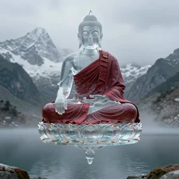 figure of buddhist monk from transparent and high reflective glass in traditional dark red cloth in lotus position, fly over himalaya mountains lake in weightlessness, small fog and gloomy atmosphere, highly detailed science fiction illustration. photorealistic, hyper detailed illustration, 8 k, fantasy movie still