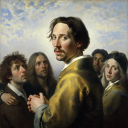 1 7 th century portrait oil painting of keanu reeves, realistic, expressive emotions, johannes vermeer, luminous skies, highly detailed, michael cheval, peter mohrbacher, boris vallejo, jessica rossier, oil painting, highly detailed, cinematic lighting, unreal, natural pose