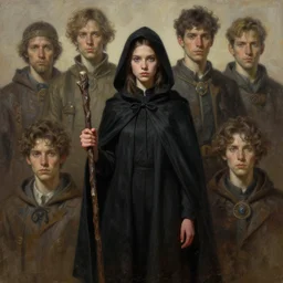 perfectly - centered - portrait of a girl wearing black cloak holding stick, intricate, highly detailed, digital painting, artstation, concept art, sharp focus, illustration, oil painting, unreal engine 5, 8 k, art by artgerm and james jean and sam spratt and greg rutkowski