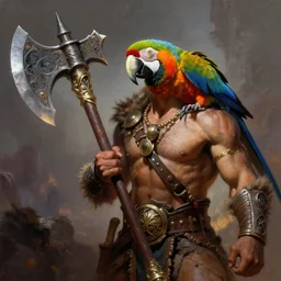 Barbarian with a macaw's head, holding a giant fantasy axe, frank frazetta painting, 8k