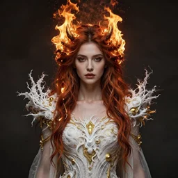 portrait of beautiful woman | full medium shot | front close - up | head on | dressed in long rags, fire in your hair, ethereal, biblically accurate goddess, demon, fractal, ornaments of white gold in your clothes, artistically realistic, octane render, devianart, fine art, intrincate. by peter mohrbacher, marc simonetti and anna podedwor