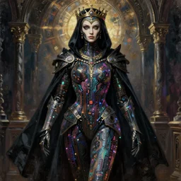 dark cyborg assassin! cloak armour made of intricate complex circuitry and iridescent microchips, black cape, warrior, colorful, intricate linework, gothic baroque, full body athletic physique, royal face, magical, realistic detailed oil painting, cgsociety, artstation, rutkowski, wlop, chebokha, artgerm, shinkai